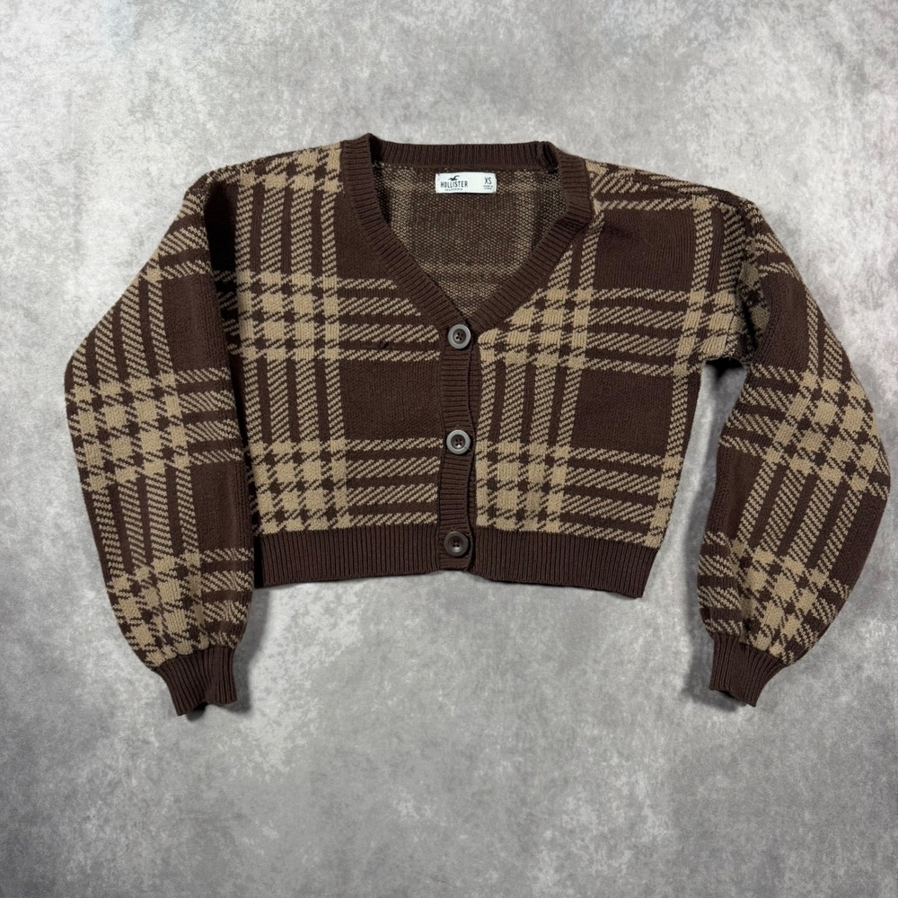 Hollister Brown Plaid Cropped Cardigan Sweater XS V-Neck Button Front Cottage